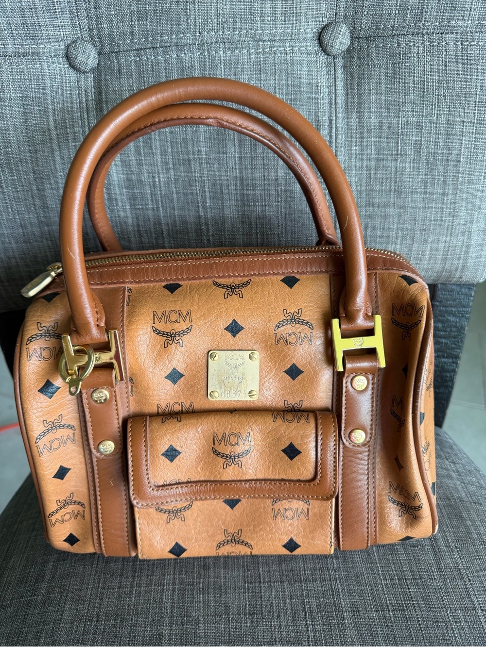MCM Cognac Visetos Logo Satchel with Gold Hardware